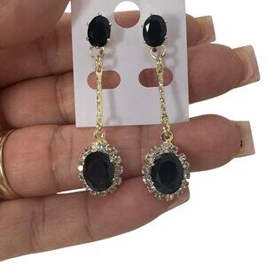 NEW Gold Filled Gold & Black Crystal Drop Earrings With Rhinestone Accents
